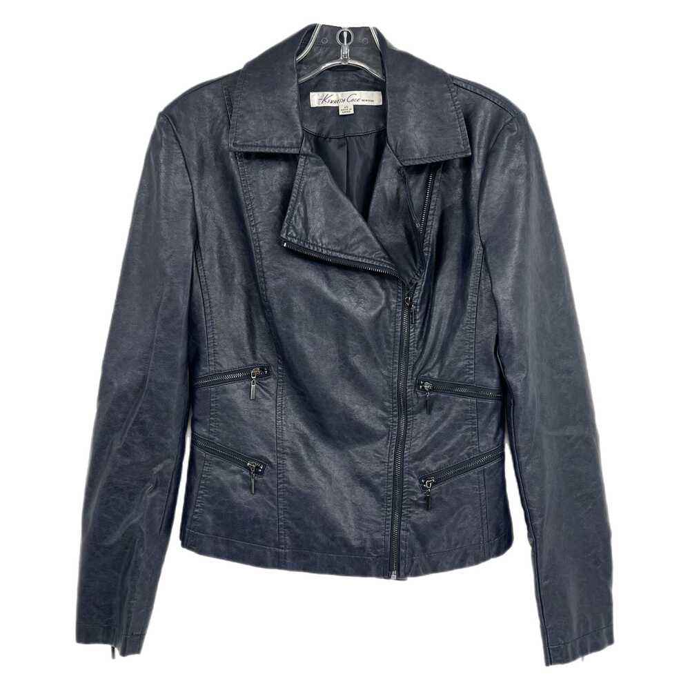 Kenneth Cole Blue Leather Jacket Short Biker Pleather | Womens XS